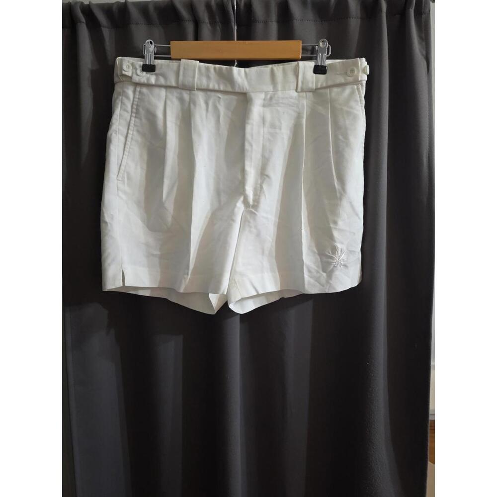 Vintage Boast Mens Ivory/W Athletic Logo Adjustable Tennis Trunks Shorts Size 36